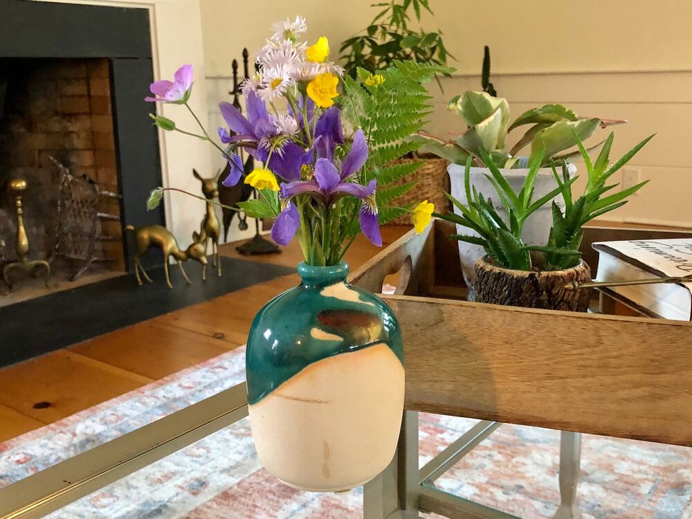 Vintage Studio Pottery Bud Vase Teal Drip Glaze Round Mid Century Artist Signed